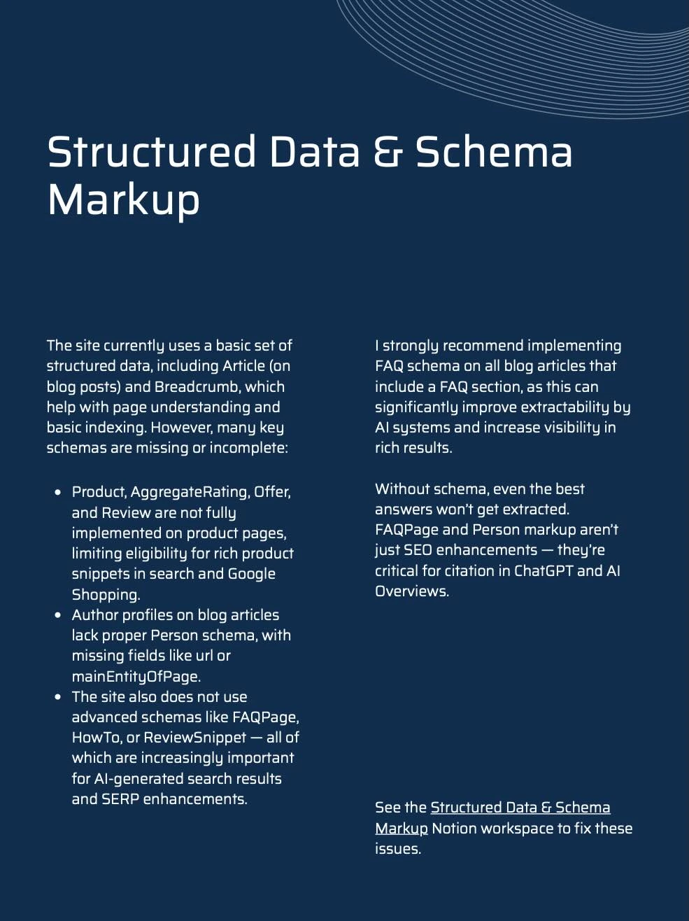 Structured data audit showing schema markup issues and rich result opportunities