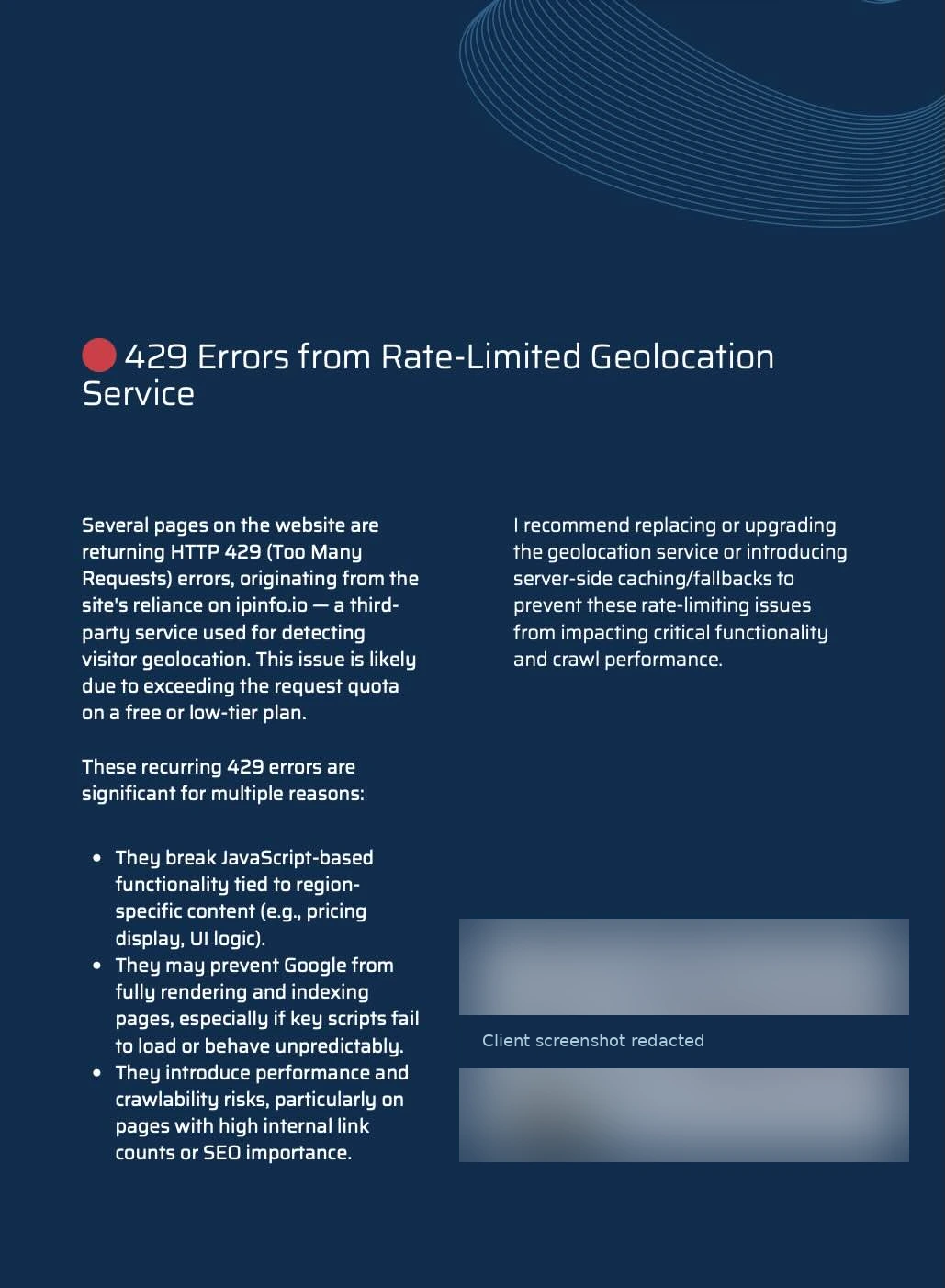 Technical SEO error report showing crawl issues and indexation problems