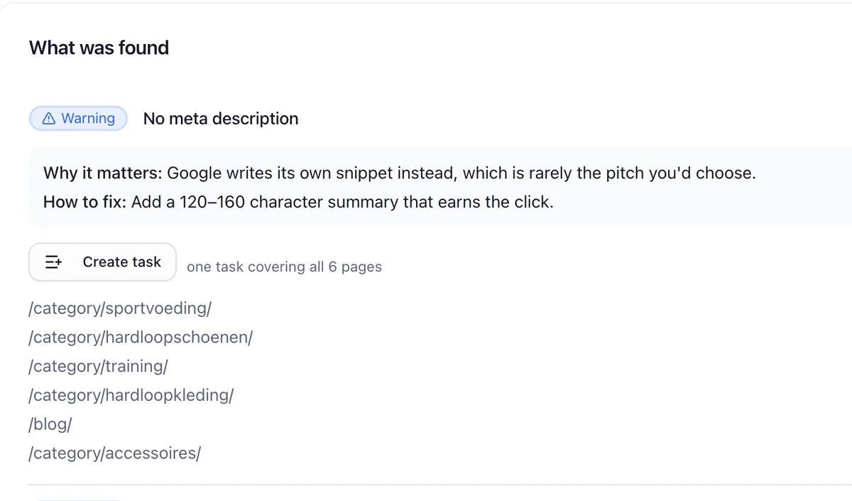 SEO dashboard: a site audit finding with why it matters, how to fix it and the affected pages (example site: hardloopfreak.nl)